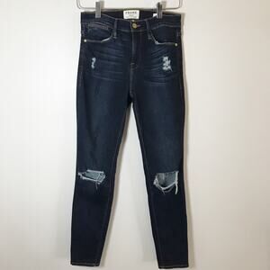 FRAME Le High Skinny Jeans Marlowe Dark Wash Distressed Knee Size 26 Stretch